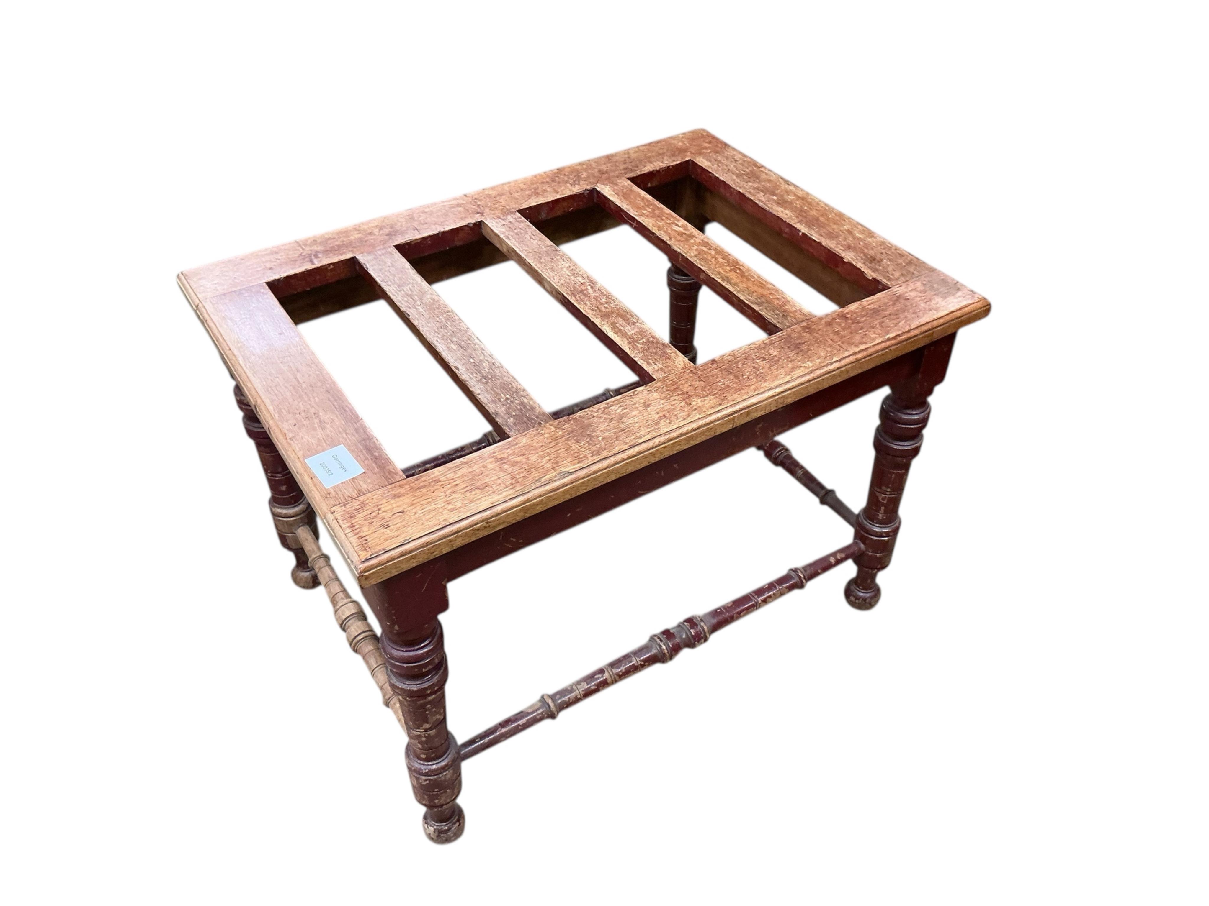 A late Victorian part painted mahogany luggage stand, width 64cm, depth 46cm, height 45cm
